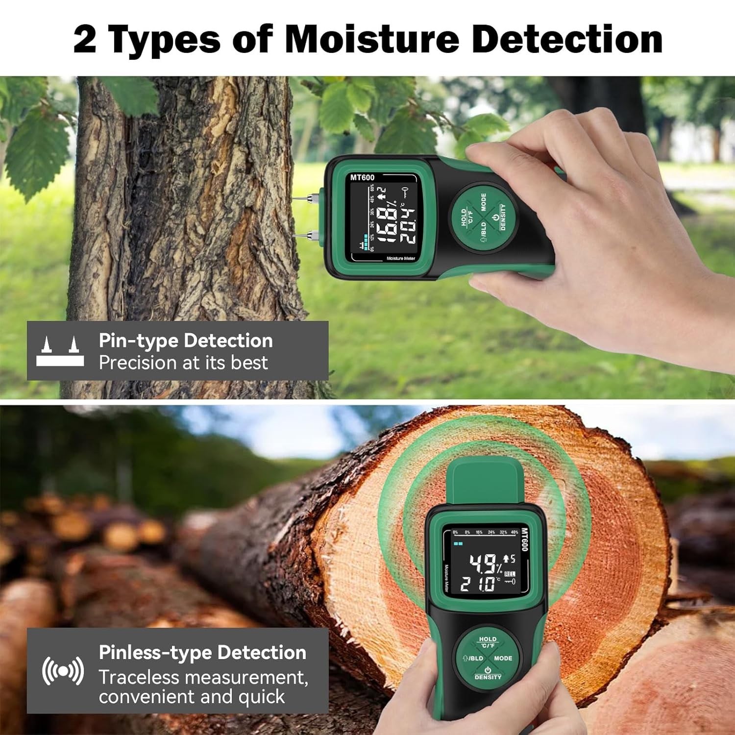 Wood Moisture Meters, Pin & Pinless 2 in 1 Moisture Detector with Upgraded Se...