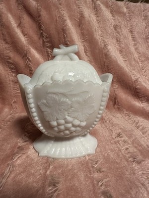 Vintage Westmoreland Glass Cherry & Grape Pattern Milk Glass Sugar Bowl With Lid