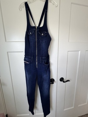 Diesel Women's Denim Jumpsuit Sleeveless Zip Front Skinny Leg Square Neck Blue S