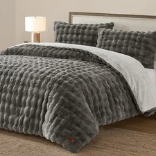 Frye 2" Solid Channel Luxury Faux Fur Comforter 3 Piece King Set, Reversible