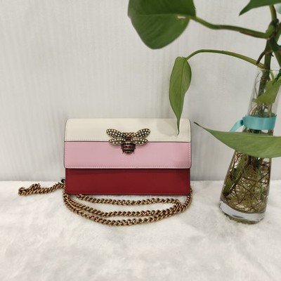 Gucci Queen Margaret Bee Tri-color Leather Chain Wallet Auth