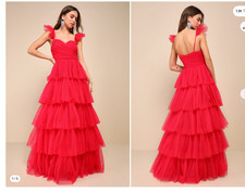 Lulus Gown Women XL Fabulous Poise Bright Red Tulle Ruffled Tiered Maxi Dres