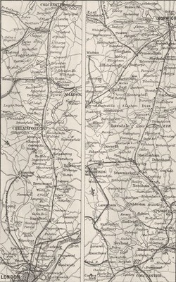 GT OSTBAHN. London, Ipswich, Bury, Norwich 1874 alte antike Kartenkarte