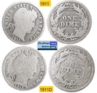 Antique 1911 1911D⌛US Phila & Denver Mint Silver Barber Dimes🪙As Depicted🪙