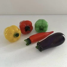 Hand Blown Glass Murano Style Vegetables Peppers, Eggplant, Chili Lot Of 5