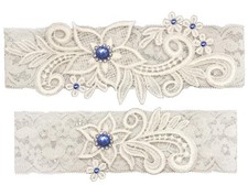 Wedding Garters for Bride Bridal Lace Garter Set with Blue Rhainstone Crystal...
