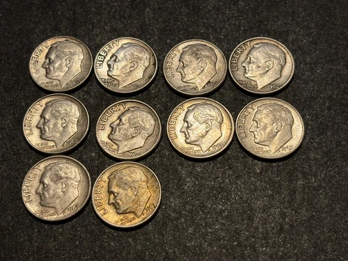 10 - Varies Dates Roosevelt Dimes - 1960, 1962, 1963 AU Condition 90% Silver