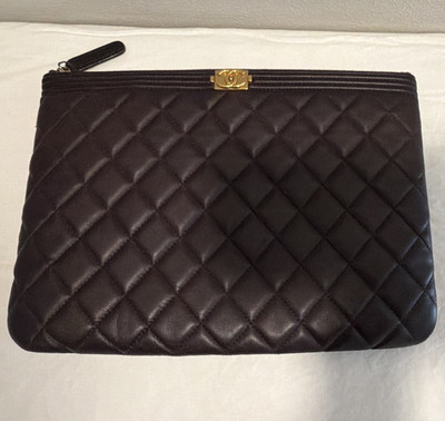 CHANEL dark brown Boy-O case Clutch Gold Hardware Logo Inner Pockets w/ COA