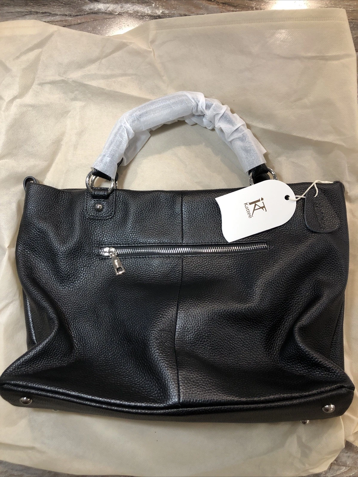 Kattee Black Pebbled Leather Medium Handbag Purse New W Tags Dust Bag Cover
