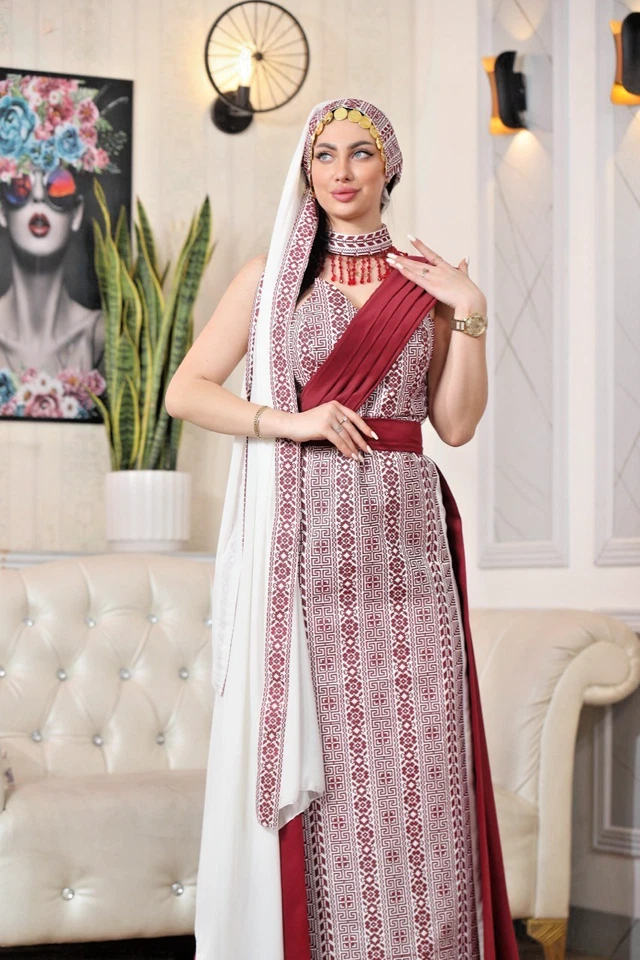 Mujeres Palestinas Bordadas Thobe Tatreez Poliéster con Detalles Satinados y Bufanda Foto 3 de 3