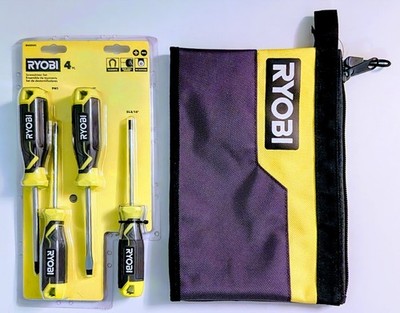 Ryobi 4 PC Screwdriver Set (Phillips & Slotted) & 12'' Zipper Storage  Pouch