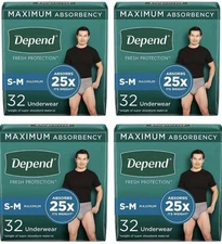Depend Men’s Incontinence Underwear Adult Diaper Maximum Absorbent, S-M, 128 Ct