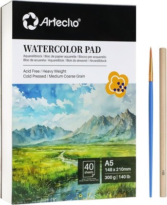 Artecho Aquarellpapier A5, 300g, 40 Blatt mit Aquarellpinsel und Bleistift, Weiß