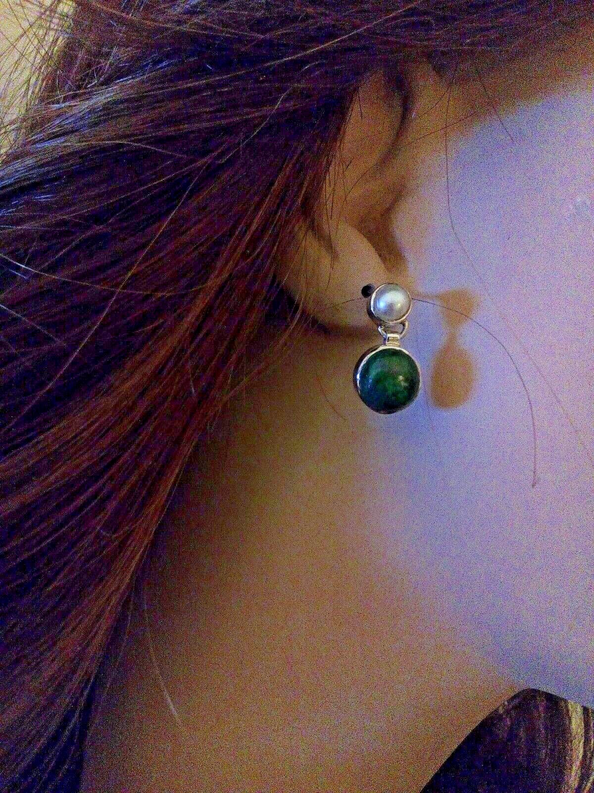 Boucles d'oreilles argent massif chrysocolle véritable et perles de culture pour femme B0U14