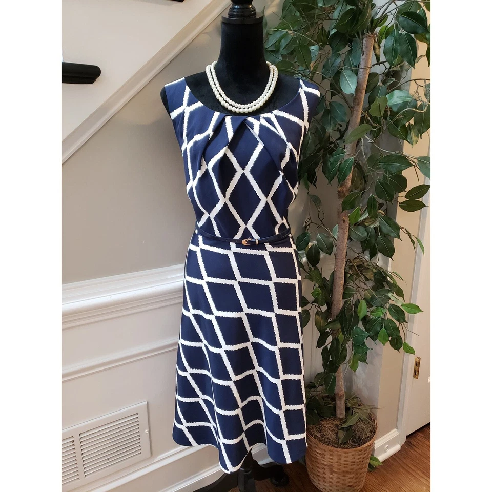 Vestido Vaina AGB Para Mujer 14W Azul y Blanco Cuello Redondo Sin Mangas Cinturón Pullover Foto 2 de 4