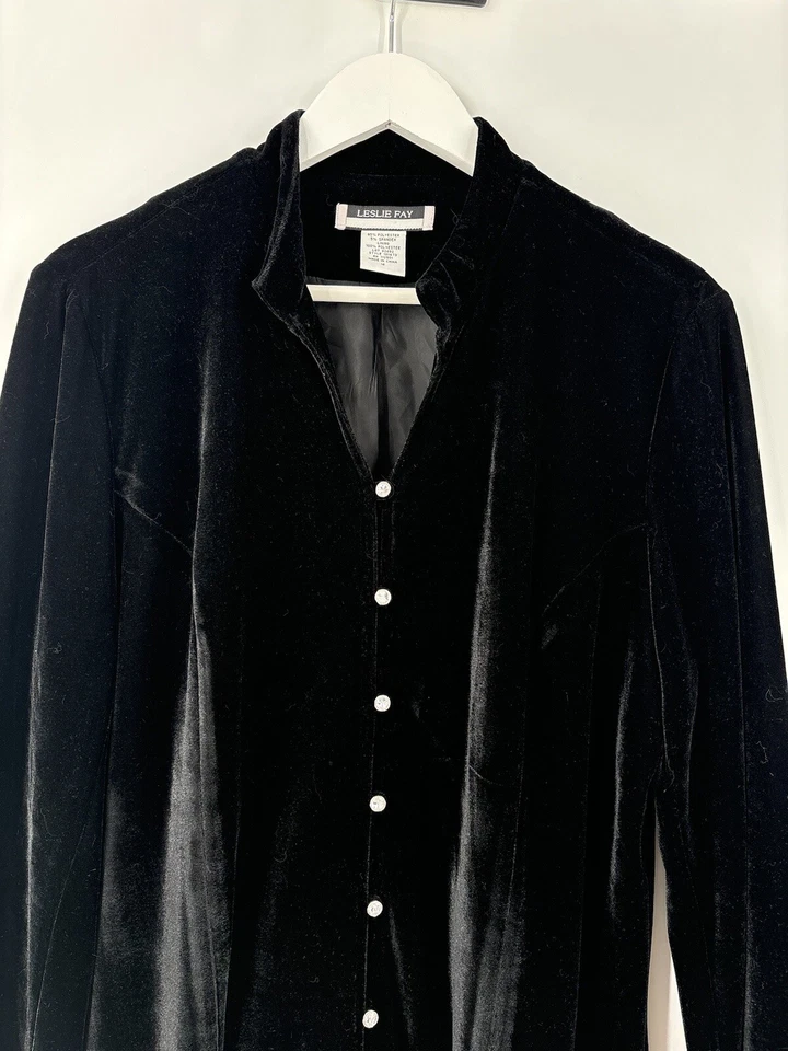 Blusa Leslie Fay Vintage Mujer 16 Negro Terciopelo Mangas Largas Botón Frontal Top Foto 2 de 4