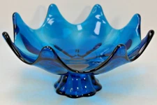 Vintage Viking Hand Blown 8 Petal Lotus Rim Epic Blunique Blue Aqua Compote Dish