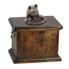 Solid Wood Casket French Bulldog Mom Urn for Dog's ashes,with Dog statue.