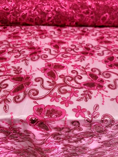 Fuchsia Spitzenstoff mit Schmetterlingen Pailletten Netzstoff Meterware Abschlussball - Bild 14 von 16