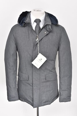 New Luigi Borrelli Gray Real Goose Down Puffer Hooded Coat Jacket 44 (EU 54) XL