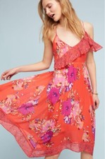 Maeve Anthropologie Grecia Red Floral Ruffle Strappy Asymmetric Dress 6- 8 M
