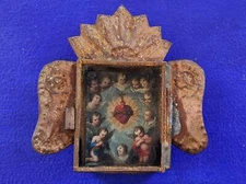 Rustic Mexican Flaming Sacred Heart Jesus Christ with Angels Cherubs tin wall