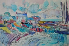 Rare unique French Pointilism Impressionist painting, Seaside, signed Signac