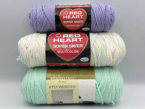 Lot of 3 Yarns, Red Heart Super Saver Multicolor, Purple & Green, Baby Pastels