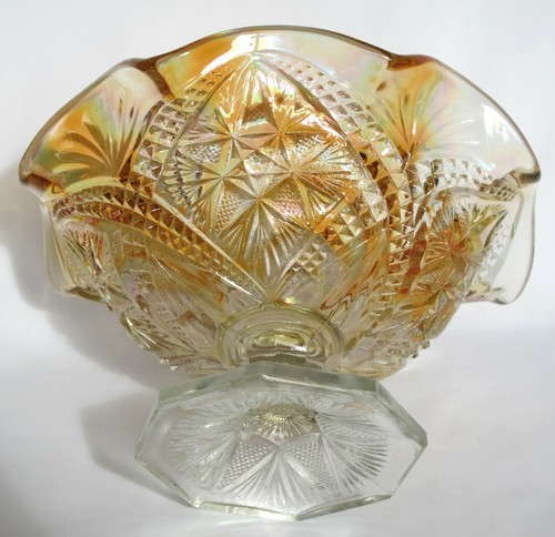 Imperial Marigold Scroll Embossed Carnival Glass Large Compote Eastern Star - Picture 12 of 12