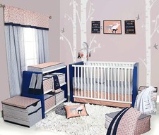 Coral Navy Blue Deer Tribal Geo 10 pc Crib Bedding Baby Nursery Mobile Diaper