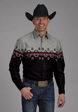 Roper Mens Ombre Aztec Border Black/Grey 100% Cotton L/S Shirt