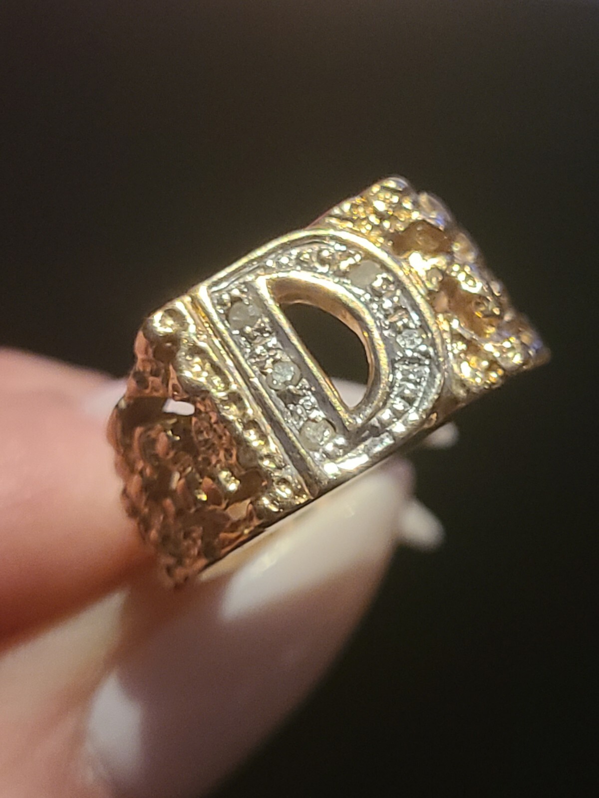 14k Gold Diamond Initial Ring, Solid Gold Nugget … - image 8