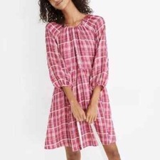 Madewell Dress Womens Extra Small Pink Plaid Shirred Babydoll Mini Long Sleeve
