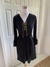 Michael Kors Black Gold Chain Lace Up Shift Belted Dress M NWOT
