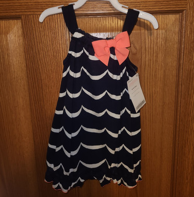 Gymboree Girls Navy/White Chevron Romper with Pink Bow 6-12M Sleeveless