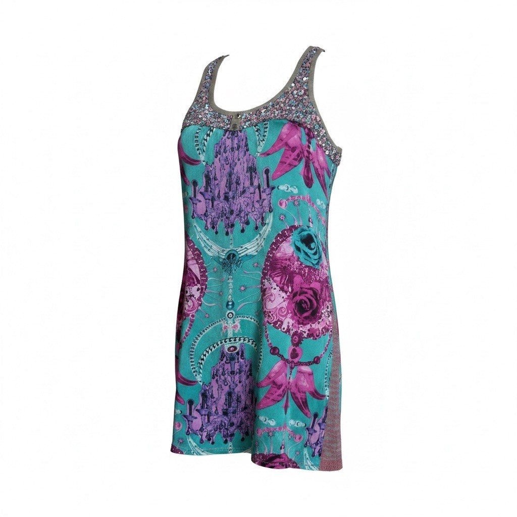 Vintage Custo Barcelona Sequin Chandelier Print Tunic Tank Top Dress Y2K 4 Silk