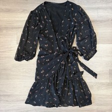 AllSaints Wrap Dress Size Small Black Floral Mini Ruffle Sheer Boho Jade Aster