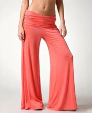 Viral Coral Orange Fold Over Waist Pants wide leg Flared Trousers Size M NEW 