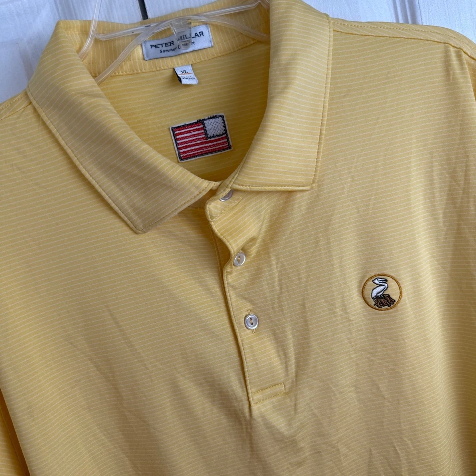 Camisa Polo Peter Millar Summer Comfort XL Rayas Amarillas Logo Pelícano Bandera Foto 2 de 4