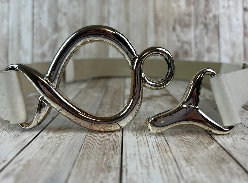 Cinturón Chico's Mujer M/L Blanco Cuero Genuino Tono Dorado Gancho Hebilla Declaración Foto 4 de 4