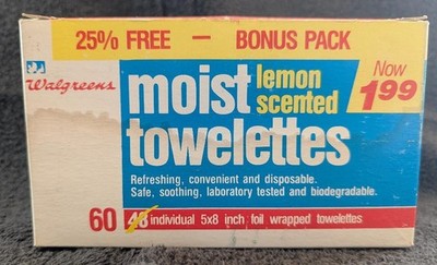 Vintage Box of Walgreens Lemon Scented Moist Towelettes with 59 Towelettes