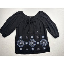 Karen Kane Womens Black Embroidered Peasant Blouse Balloon Sleeve Tie Neck M