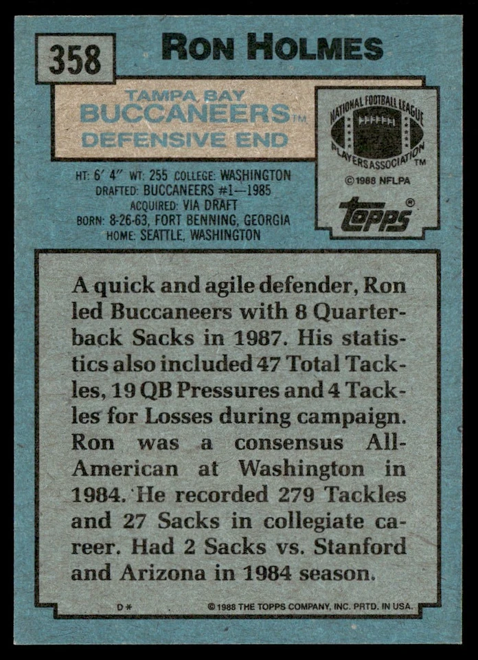 1988 Topps Ron Holmes Rookie Tampa Bay Buccaneers #358 - Image 2 of 2