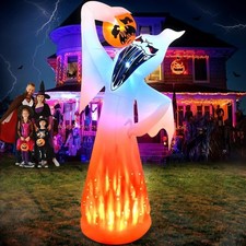 10 FT Halloween Inflatables Ghost with Pumpkin Decoration, Built in Flame Rot...