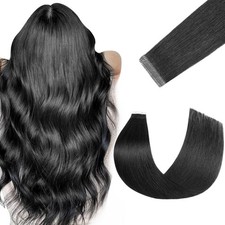 FUOTONBUTY Tape in Hair Extensions Real Human Hair 20pcs Jet Black 22 inch