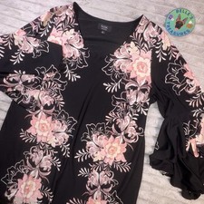 Women’s 2XL Black Pink Floral Midi Shift Dress Flutter Bell Sleeves Fairy Whimsi