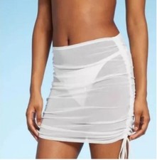 Wild Fable Womens White Drawstring Ruched Mesh Cover-Up Skirt Size L