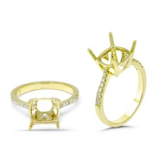 925 Sterling Silver Yellow Gold Pave Ring Plated 9mm Cushion Semi Mount Ring