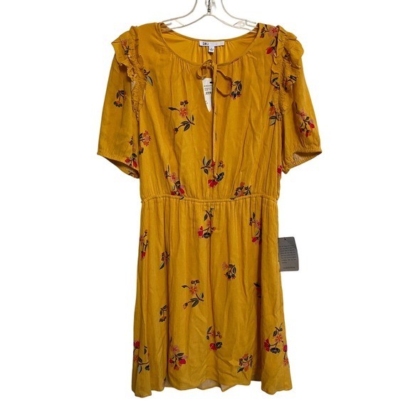 DR2 by Daniel Rainn Yellow Coquette Floral Dress Tie-Neck M NWT