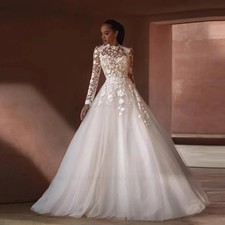 Boho Wedding Dress Woman Long Sleeve Backless A-Line Tulle Applique Bride Gown